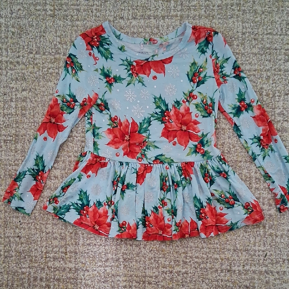 Posh Peanut Poinsettia Print, Long Sleeve Twirl Peplum Shirt, Size 3T-4T